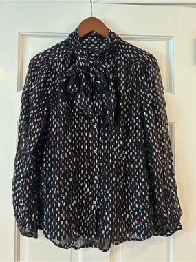 J. Crew Black Button-Front Tie-Neck Blouse with Sparkly Dot Print
